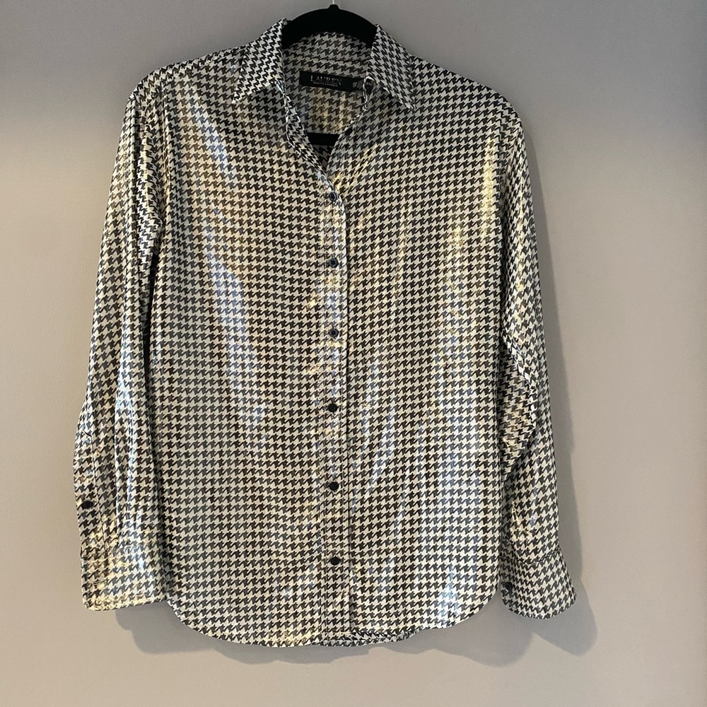 Lauren Ralph Lauren Sheer Black & White Houndstooth Button-Up Blouse